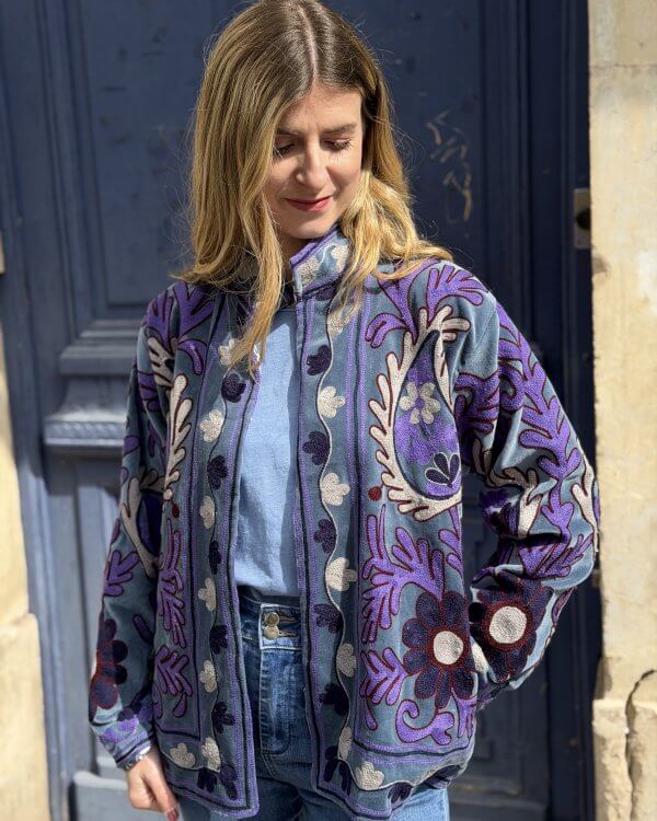 Veste Velours brodée / bleu et violet