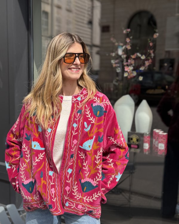 Veste Velours brodée / rose et bleu