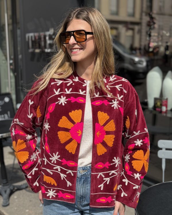 Veste Velours brodée / rose et orange