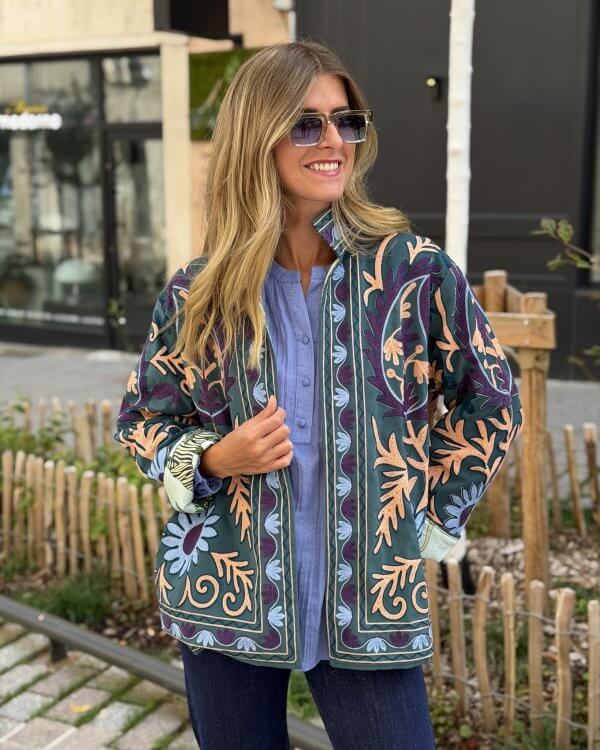 Veste Eléa velours brodée / bleu canard